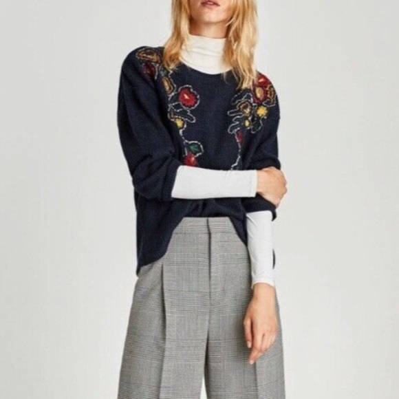 Zara Navy Sweater with Colorful Embroidery - Picture 2 of 11